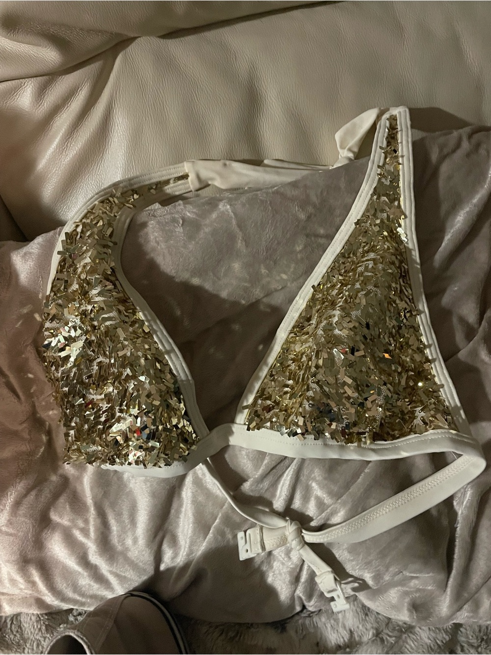 Frederick's of Hollywood Gold Sequin Triangle Bralette with White Trim